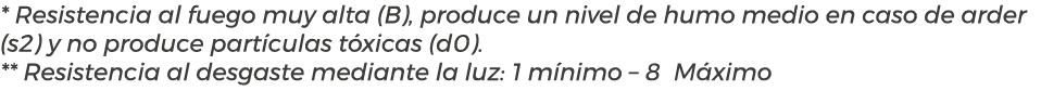 * Resistencia al fuego muy alta (B), produce un nivel de humo medio en caso de arder (s2) y no produce part culas t x...